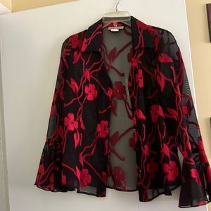 Pretty bell sleeved, embellished, black and red shirt.